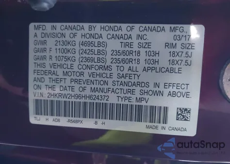 2017 Honda Cr-V Touring z USA, uszkodzony, nr VIN 2HKRW2H96HH624372